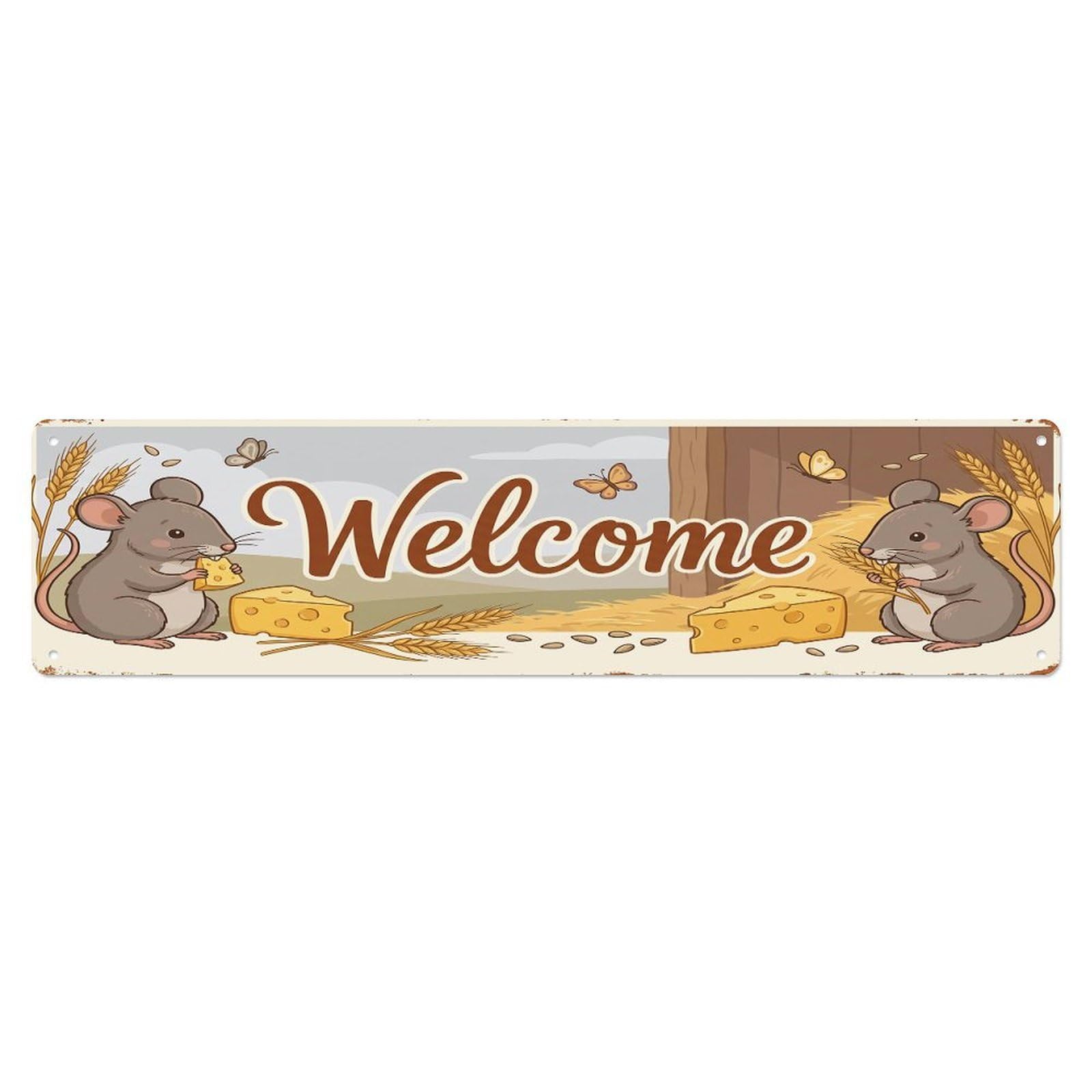 Cxhjca 4X16inch(10X40cm) Vintage Welcome Mouse Cheese Metal Tin Sign