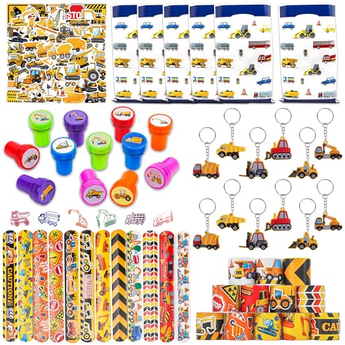 Runyuzi Sacs cadeaux d'anniversaire pour enfants - Porte-clés pelleteuse - Bracelet à boucle - Autocollant de construction - Tampon pour enfants et garçons...