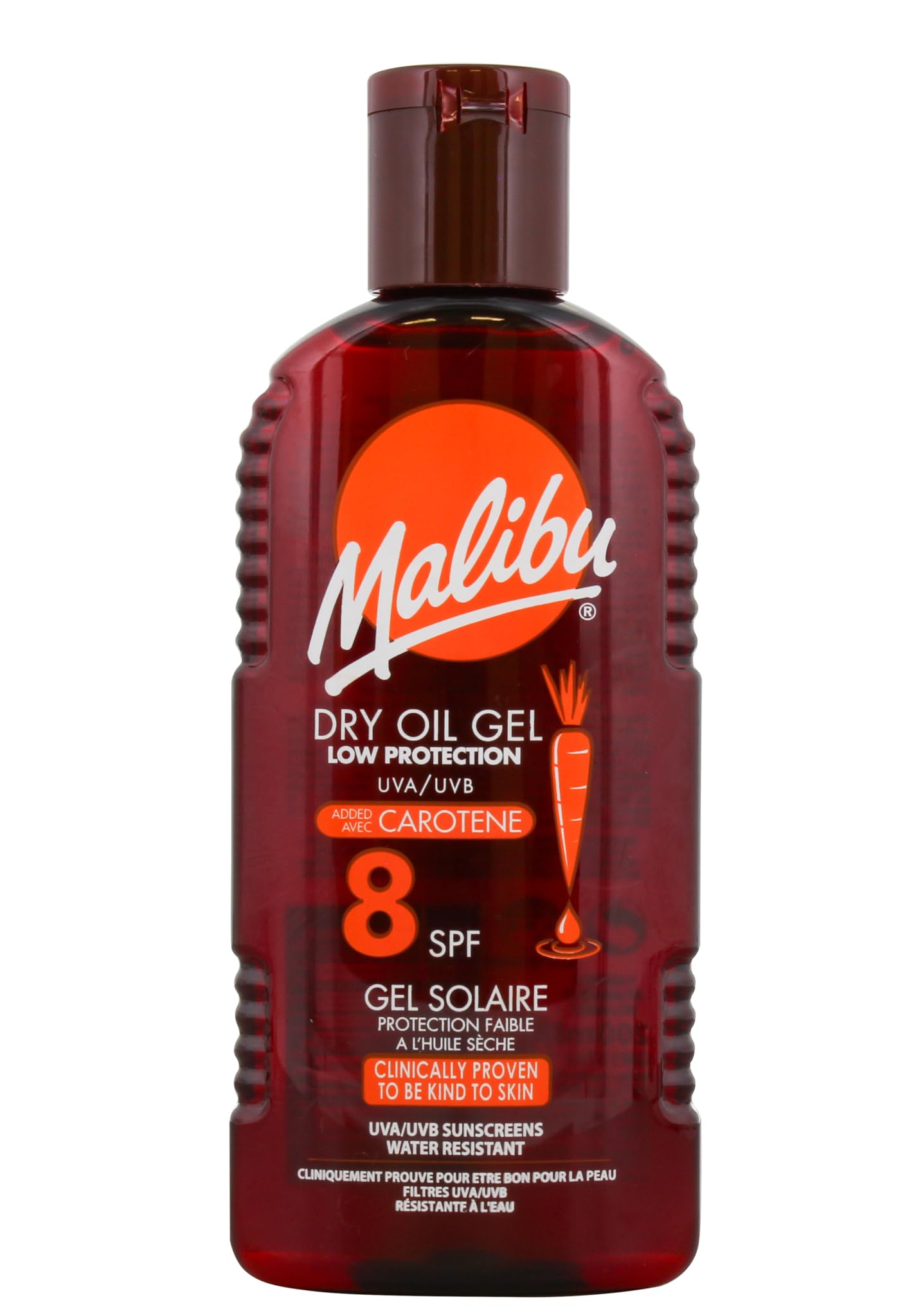 Malibu Sun SPF 8 Non-Greasy Dry Oil Gel with Carotene for Tanning, Low Protection, Water Resistant, 200ml