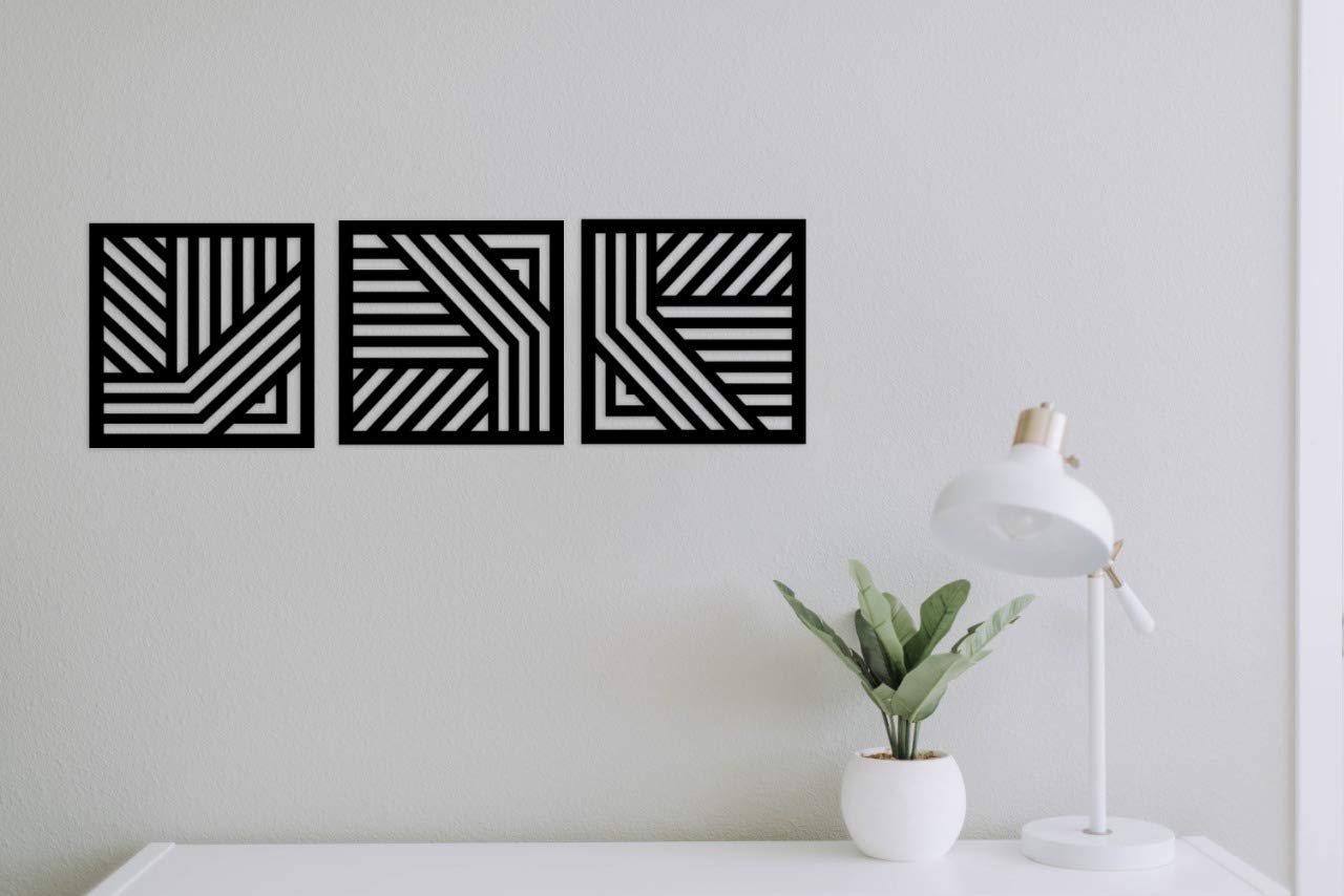 TRENDZ DECOR Set of 3 Square Geometric Black Strips Frames (11 x 11 inches) 6mm Premium Grade Wood Frame