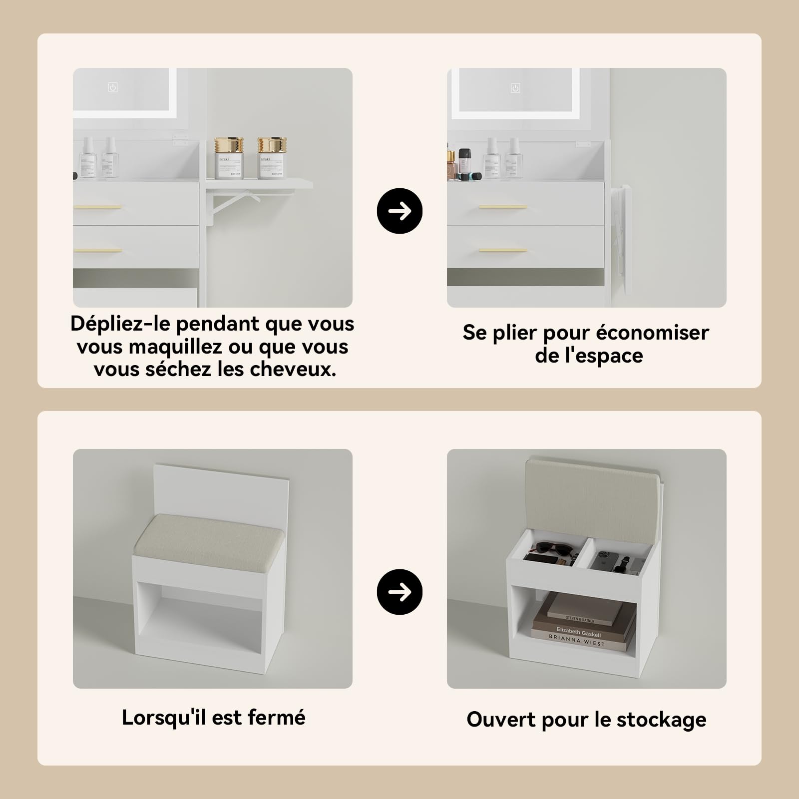 YU YUSING Coiffeuse 3 en 1 avec Miroir LED Rabattable 50-75cm, Tabouret de Rangement, 2 Tiroirs et Plateau en Verre, Table de Maquillage Gain de Place, Petite Coiffeuse en Bois, Moderne, Blanc