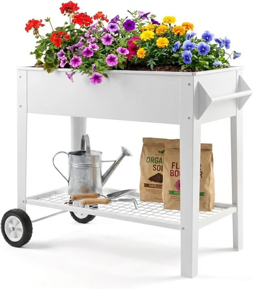 Elevate 39" Raised Garden Bed with Wheels & Storage Shelf, 400 Lbs Capacity, Anti-Rust Steel Planter Box for Vegetables & Herbs, Patio/Balcony/Backyard