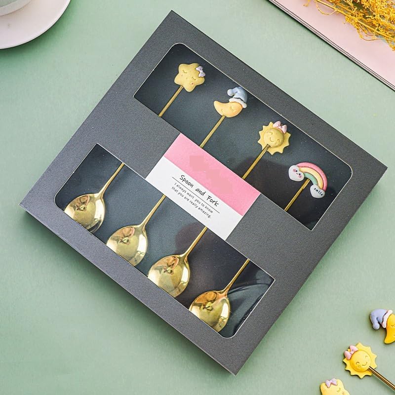 Silverware Flatware Set, 4/16/24 Piece 304 Stainless Steel Tableware Creative Cute Cartoon Dessert Spoon Fruit Spoon Afternoon Tea Coffee Spoon (Color : Gold, Size : 4Set-16Pcs)