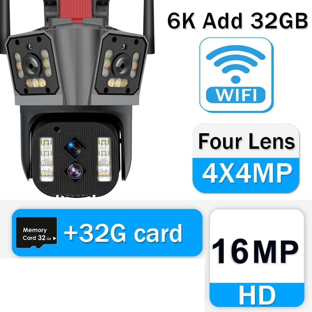 Telecamera di sicurezza, Telecamere di sorveglianza 16MP 6K Zoom 10X Telecamera sicurezza wireless esterna IP PTZ grandangolare a quattro obiettivi CCTV Smart Home(6K Camera Add 32G)