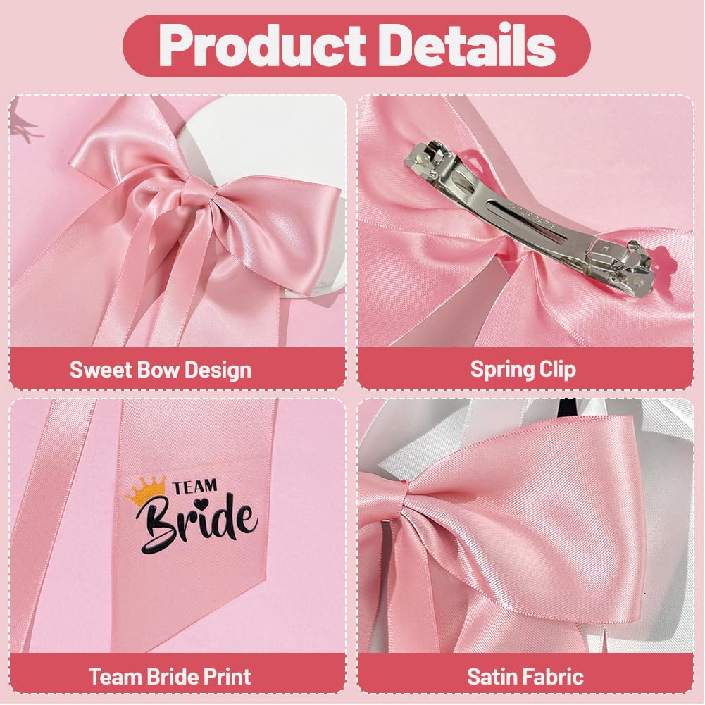 Team Bride Bow, 2 Pcs Pink Hair Bow Bridesmaid Accessories for Wedding Hen Party Engagement Party and Bridal Shower (Team Bride) - Image 3