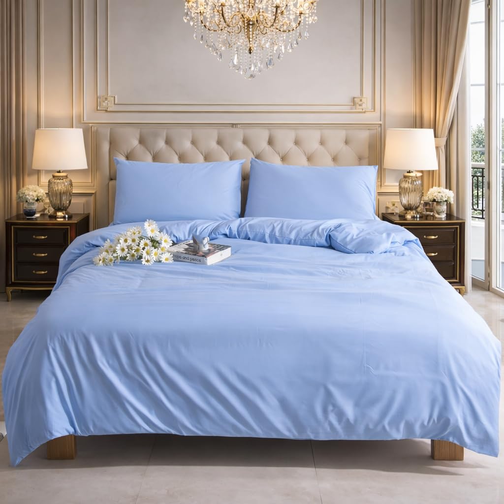 CHARKHAH Single Size Duvet Cover Set Sky Blue | Soft Microfibre Bedding Set with 1 Pillowcase | Reversible Quilt Cover with Zip Closure | Easy Care, Breathable | UK Size 135 x 200 cm
