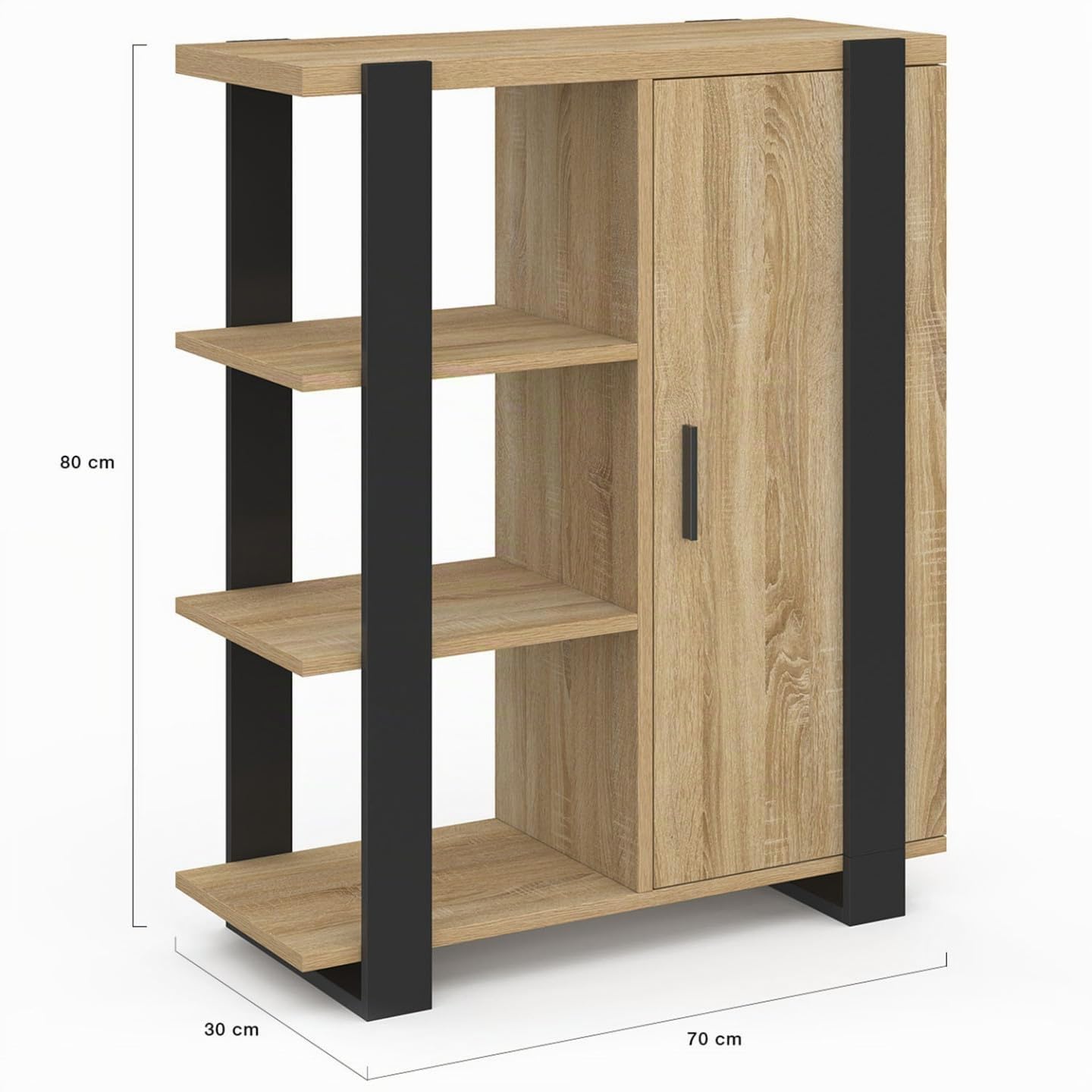IDMarket Phoenix - Aparador auxiliar con 3 estantes y armario de 70 cm, madera y negro