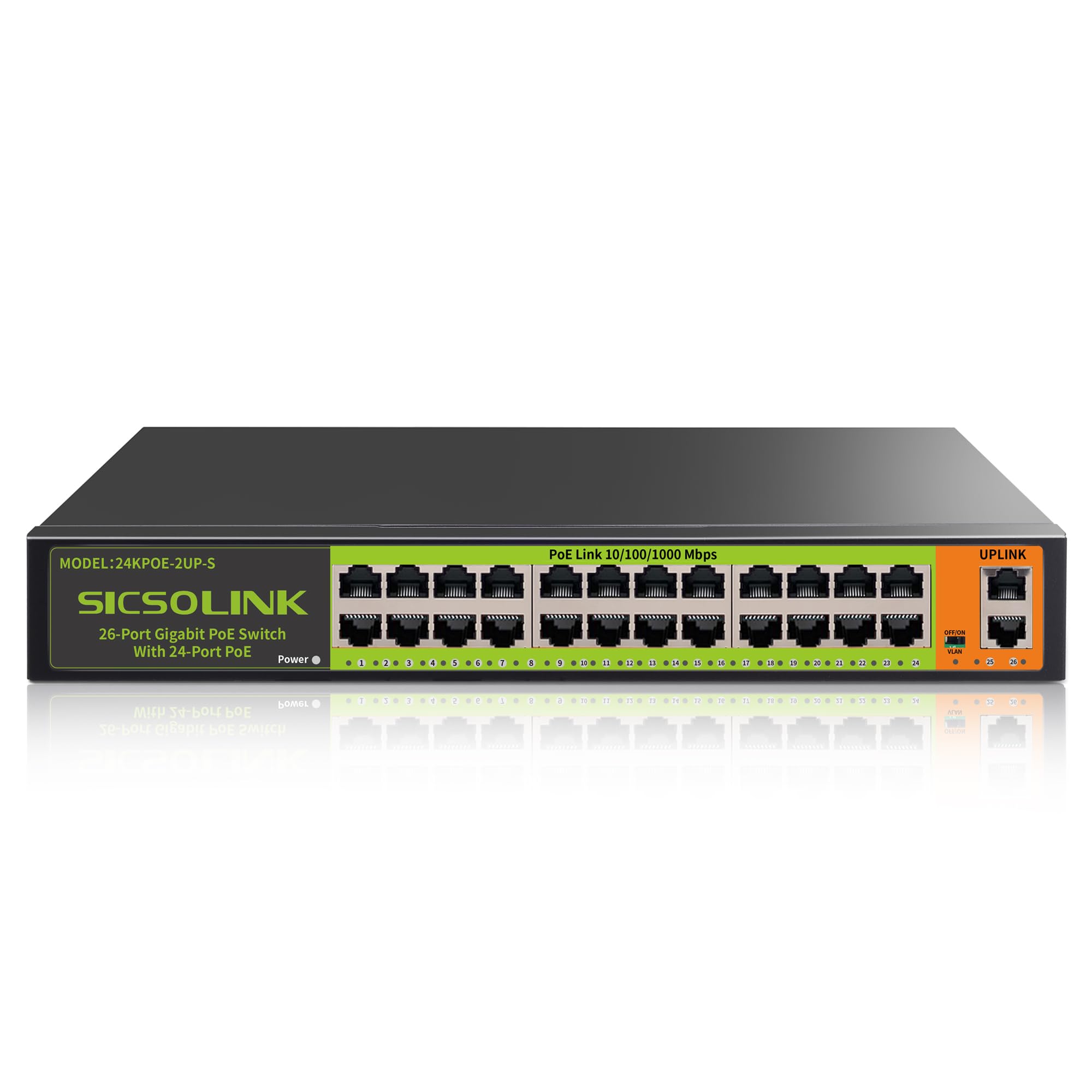 Switch PoE+ 24 Ports Gigabit, 400W, 2 uplinks, Non géré, Silencieux, Rack 19", pour caméras PoE, APs, PC.