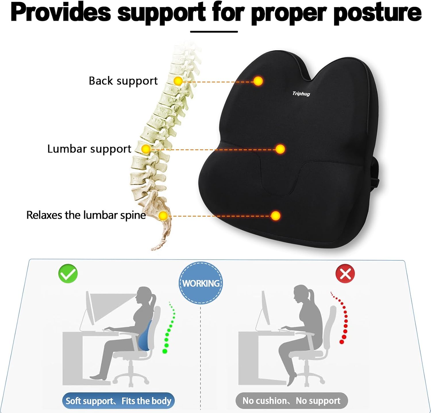 Lumbar Support Pillow & Seat Cushion with Adjustable Strap, Memory Foam Chair Cushion for Sciatica Pain Relief, Washable Cover for Car, Travel and Wheelchair, Black