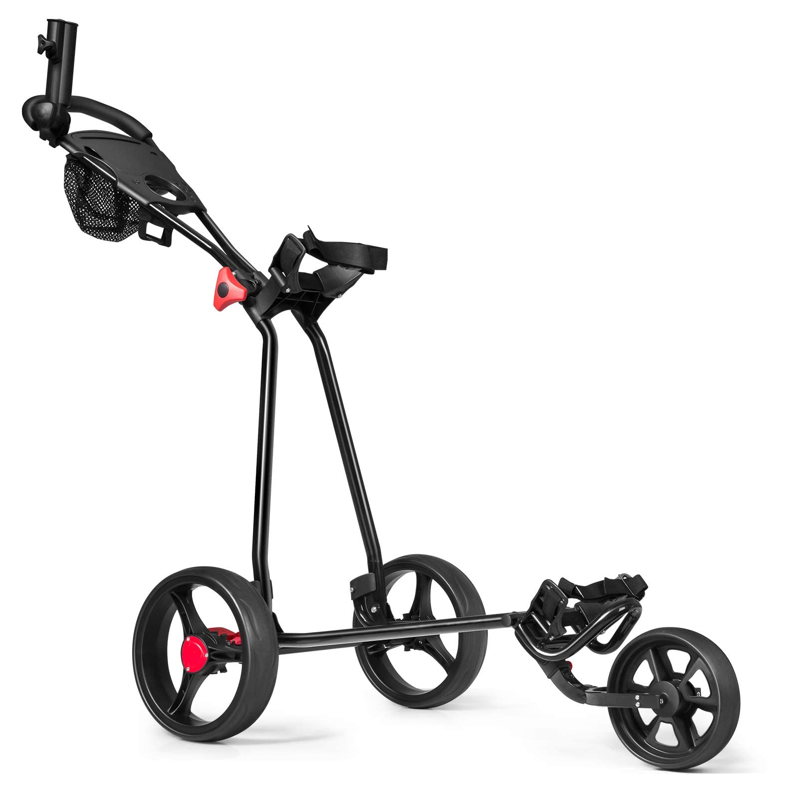 RELAX4LIFE Carrello da Golf a 3 Ruote, Compatto con Telaio di Ferro Robusto,Golf Cart Leggero e Pieghevole con Borsa in Rette e Portaombrelli, Facile da Trasportare,134 x 60 x 116 cm