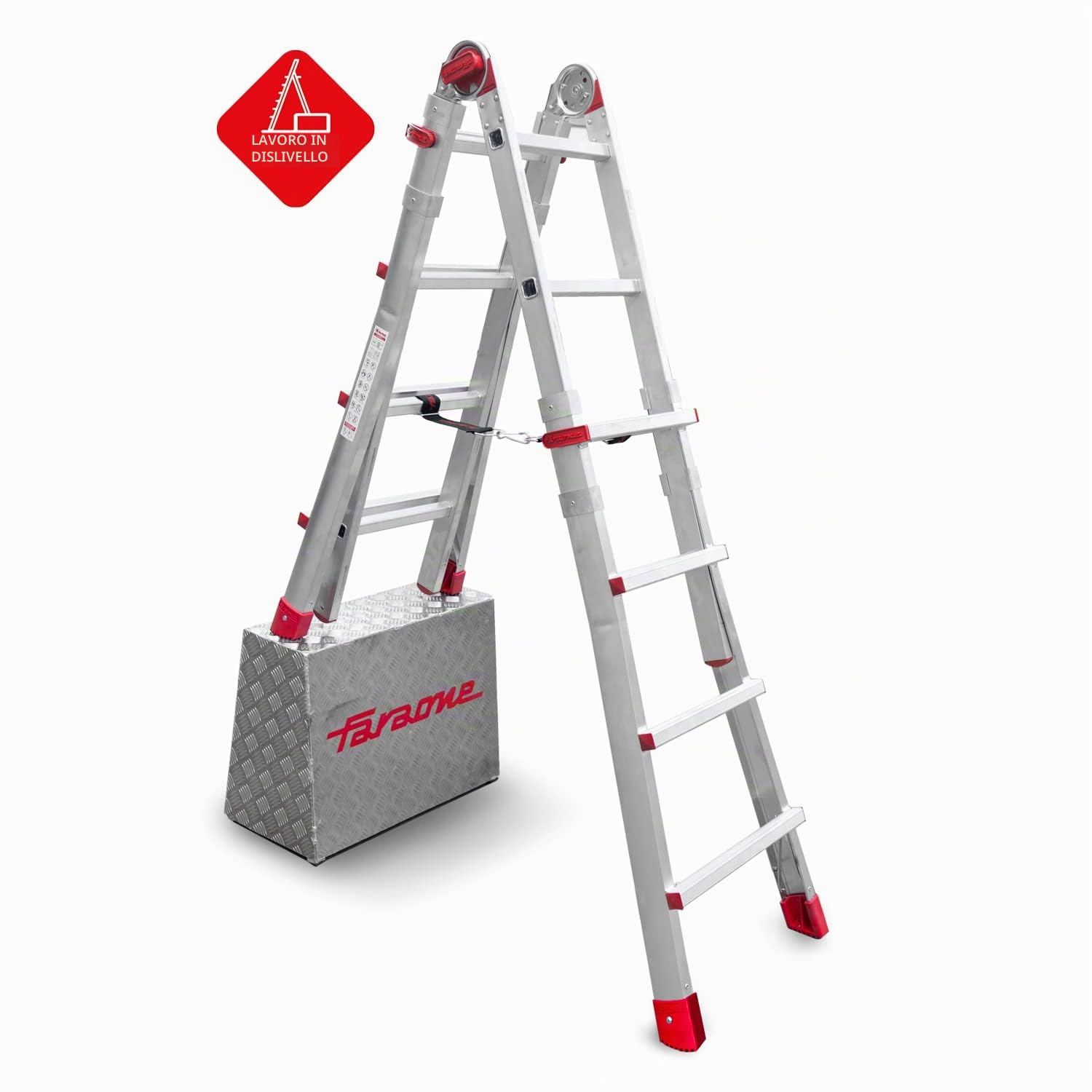 Faraone - TELES.T4, Scala telescopica in alluminio, 130 x 53 x 20 cm, 8 + 8 gradini, multiuso, altezza regolabile, molto resistente e stabile, stabilizzatori inclusi