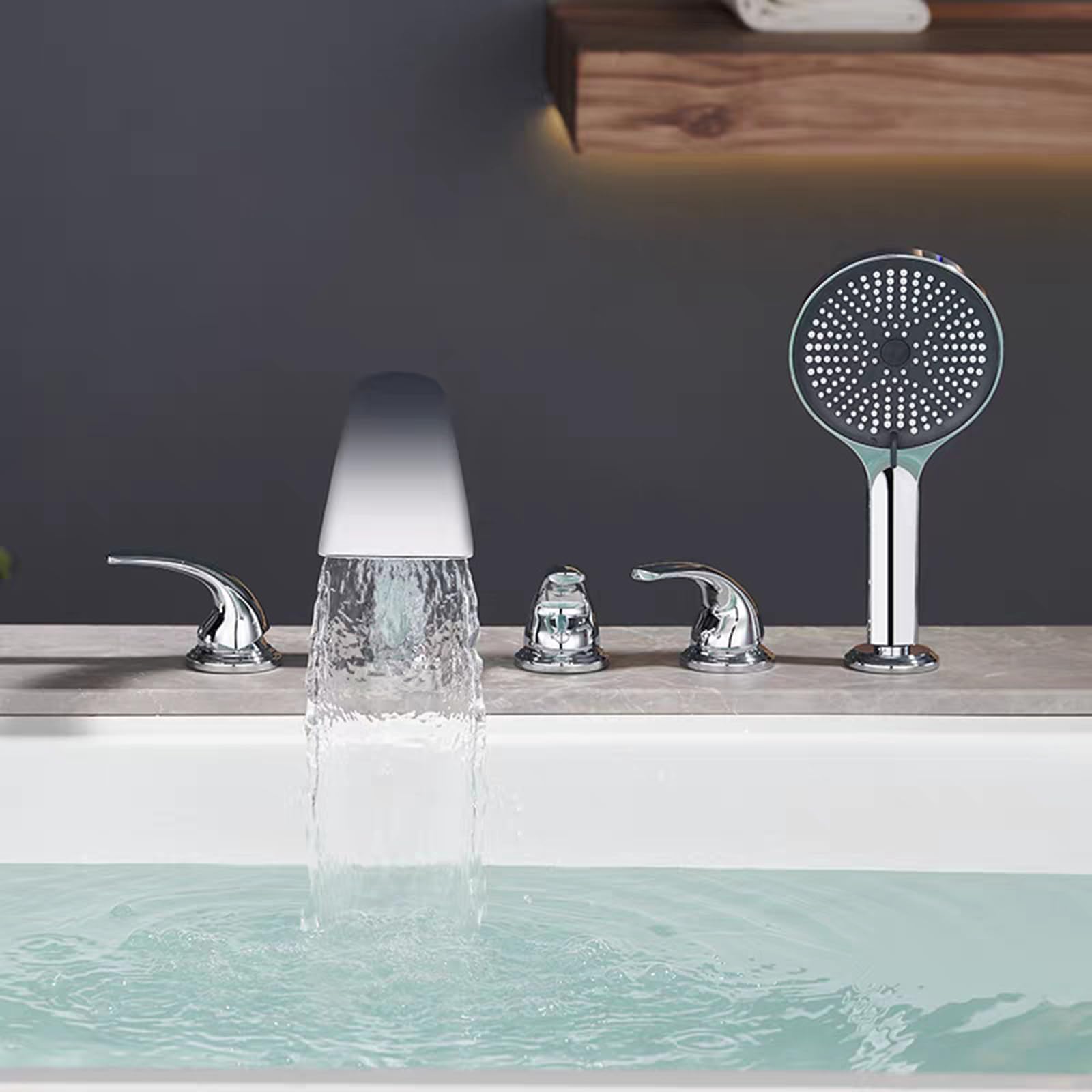 ZQFHSX Waterfall Bath Mixer Taps - 5 Hole Shower Tap, Brass-Chrome Plated Finish