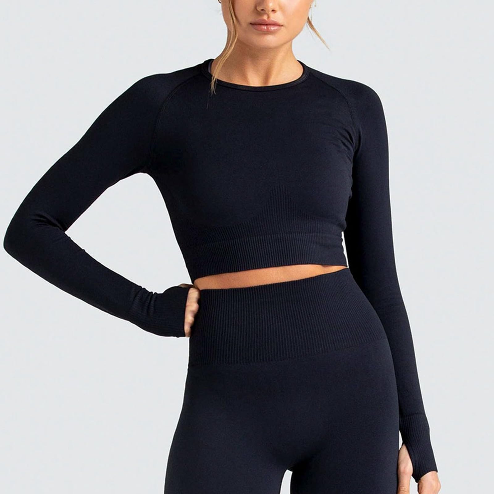 Damen Langarm Crop Top Sport T-Shirt Schnelltrocknend Atmungsaktiv Yoga Laufshirt