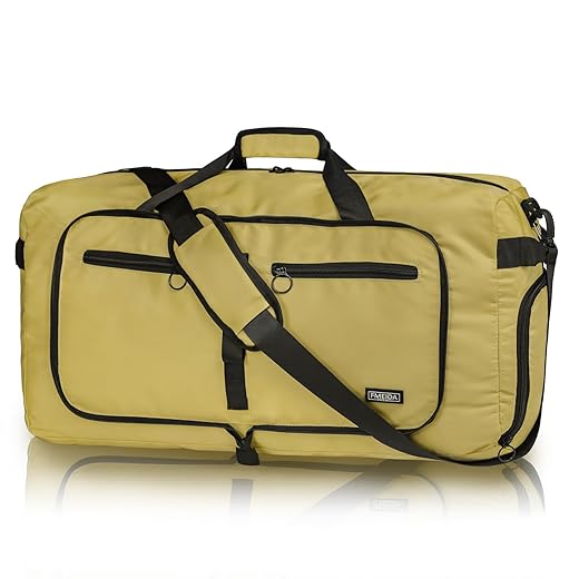 Fmeida 65L Duffle Bag with Shoes Compartment, Foldable Travel Duffel Bags for Men Women, Large Packable Travel Bag Water Repellent & Tear Resistant (Brown)