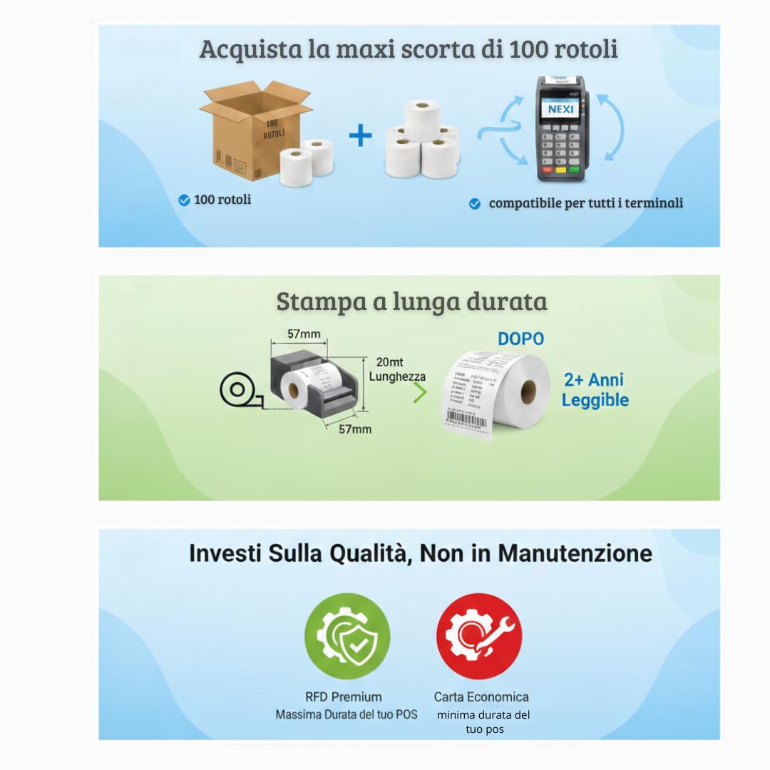 RFD 100 Rotoli POS 57x20 Carta Termica Alta Qualità - Rotolini POS Omologati Compatibili con Nexi, SumUp e Registratori di Cassa - Carta per POS Senza BPA, Certificati FSC