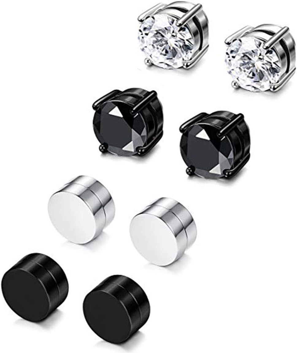 YZstyle 4 Pairs Stainless Steel Magnetic Stud Earrings for Men Women Non Piercing Clip on CZ Earrings 6MM