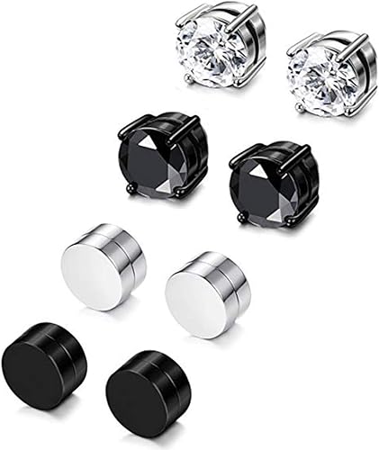 4 pares de aretes magnéticos de acero inoxidable para hombres y mujeres aretes de circonita cúbica sin piercing de 0236in 4 pares por juego 0236in