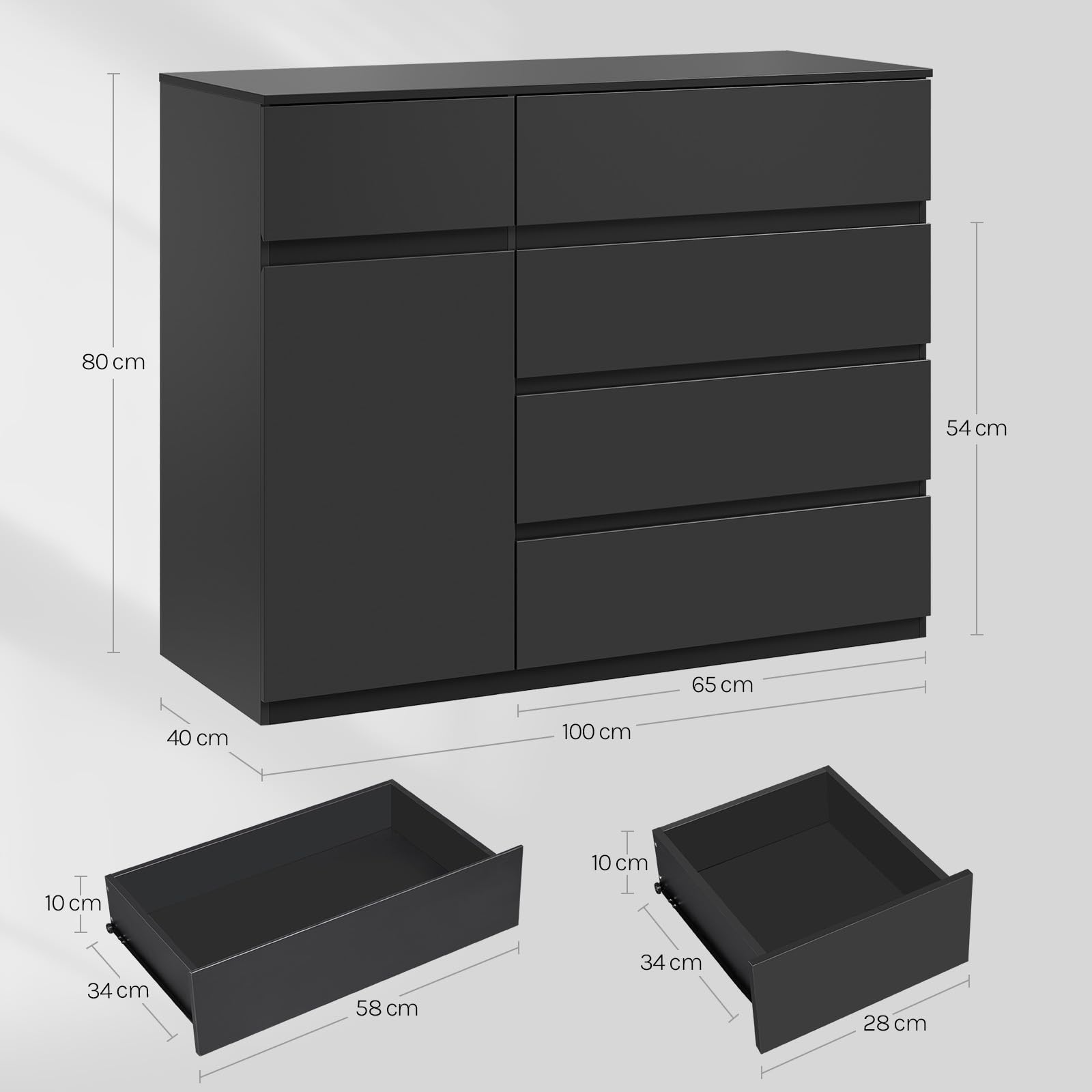 WOLTU Kommode schwarz, mit 5 Schubladen, 1 Schranktür, Moderner Schubladenschrank mit Verstellbarer Ablage, für Wohnzimmer Schlafzimmer Flur, 100 x 80 x 40 cm