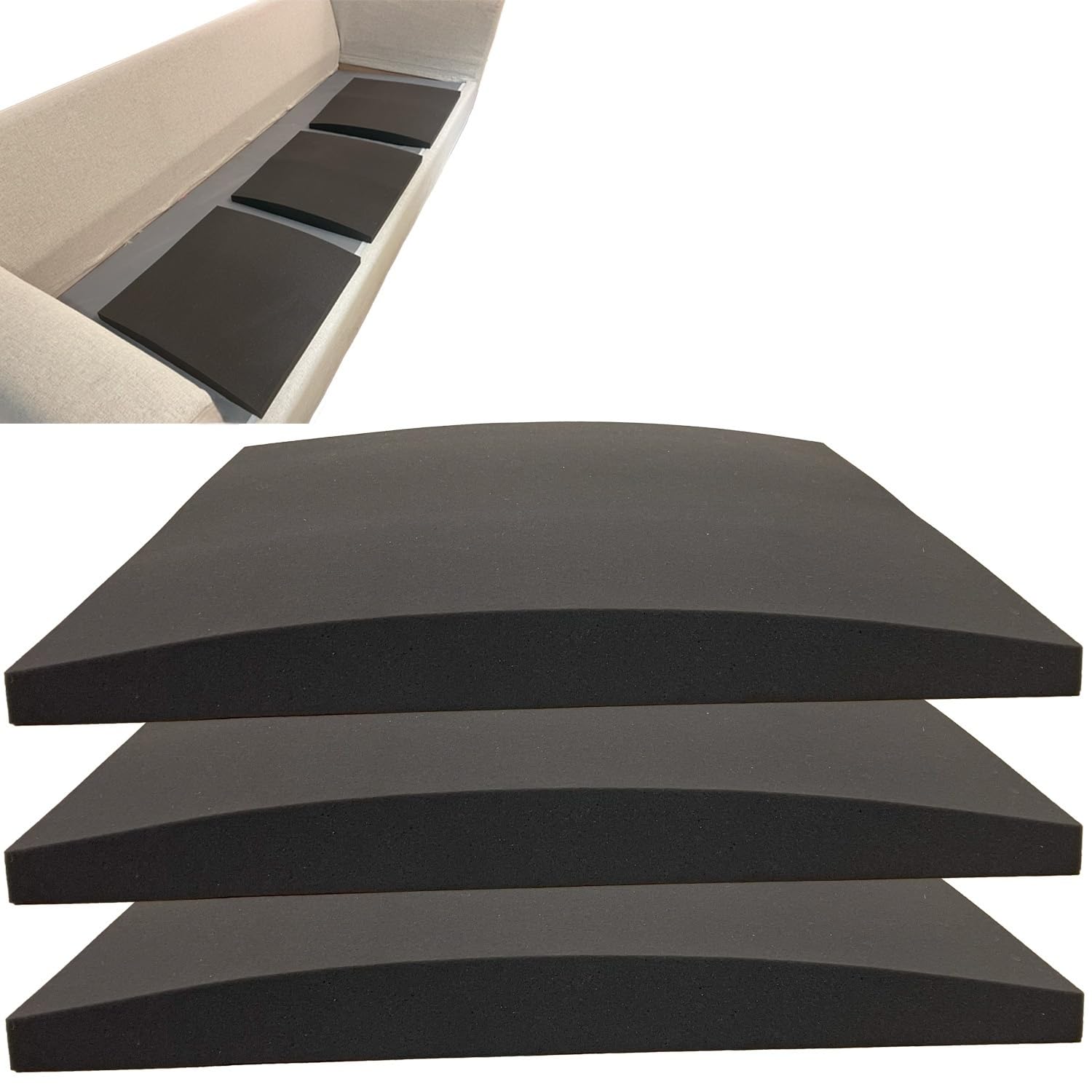FKAIIN Couch Cushion Support 3-Piece Set - Black, High-Density 50D Foam, Repositionable & Cuttable, Fix Sagging Cushions, Comfortable, Durable, Fits All Removable Cushions, 20x20x2 Inches Each