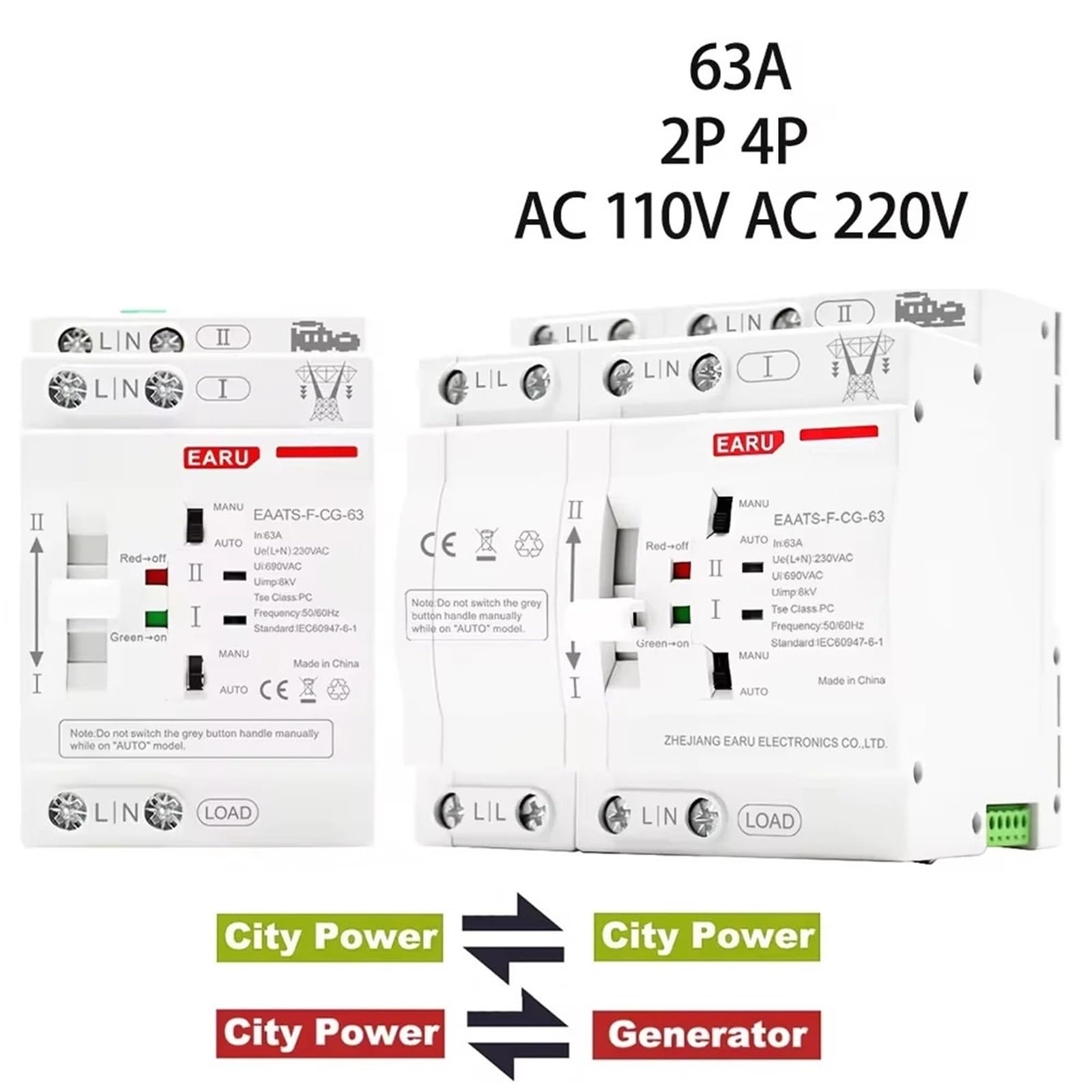Rail 2P 4P 63A AC 110V AC 220V ATS Interruttore di trasferimento automatico a doppia alimentazione Interruttori di selezione elettrica Alimentazione ininterrotta