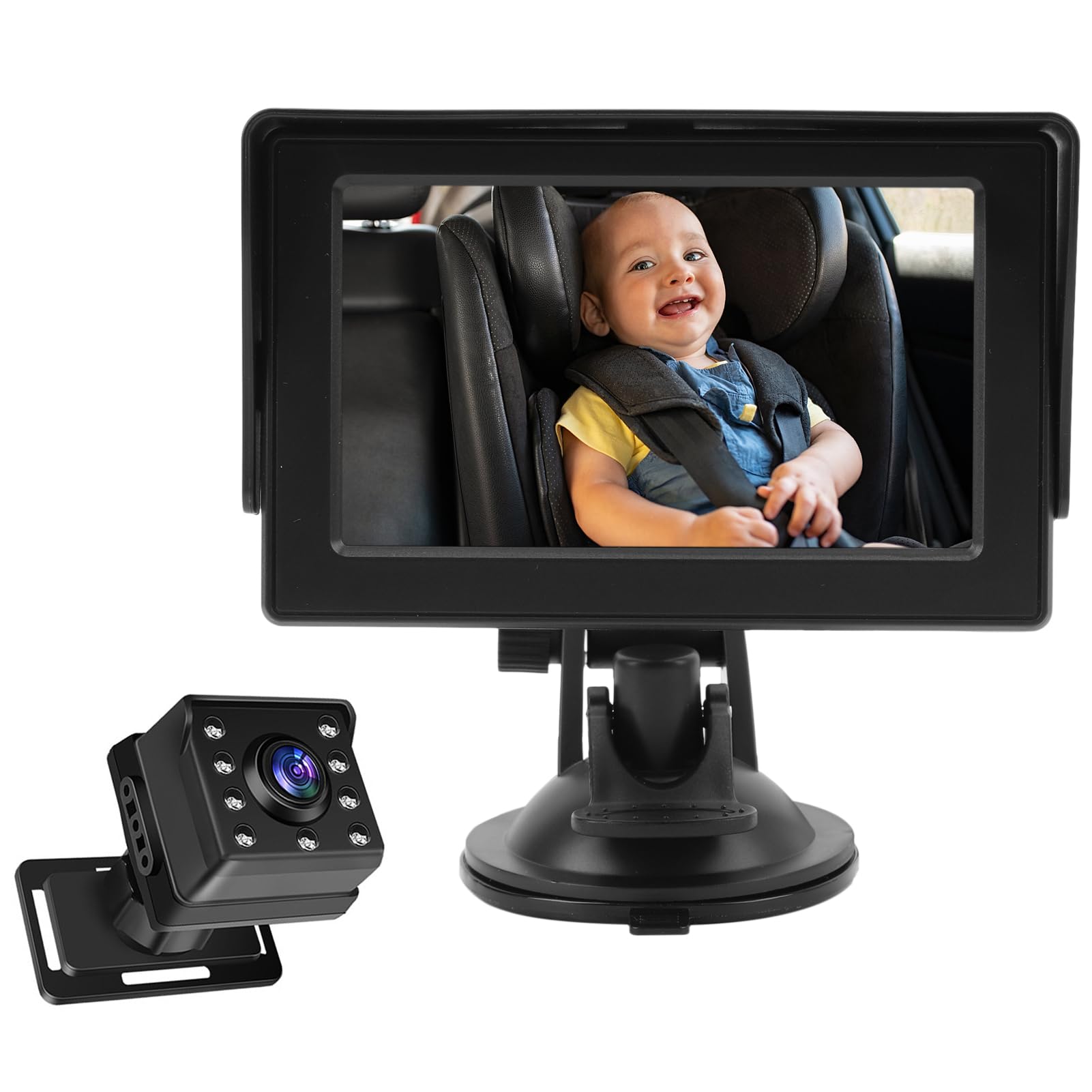 Eacam Kamera Samochodowa dla Niemowląt z Monitorem 4,3 Cala, Noktowizorem, Obrotem 360°, Szerokim Kątem Widzenia, wtyczką USB dla Bezpieczeństwa Noworodków (Aparat z 8 światłami)