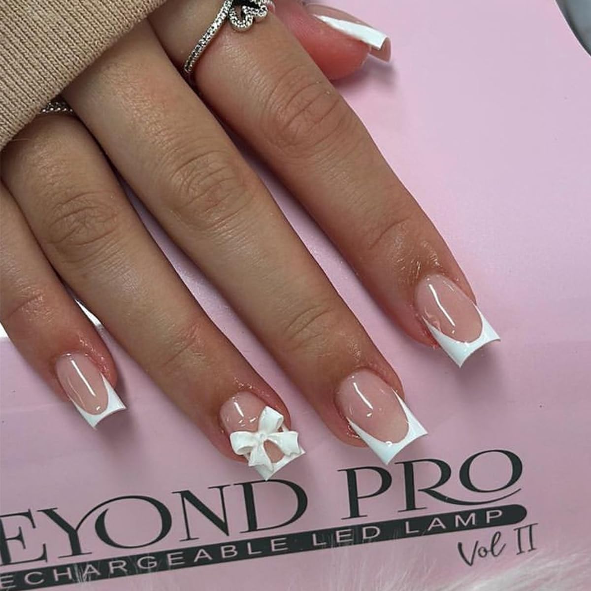 24Pcs Nude Pink color Press On Nails - Short Square, White French Tip, Full Cover, Glossy Nude Pink Designs, Cute False Nails for Women, Daily Wear