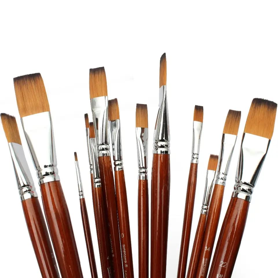 Image of Chrome Long Handle Synthetic Filbert Tip Artist Paint Brushes - 13 Piece Set (13pcs Flat Brush Set)