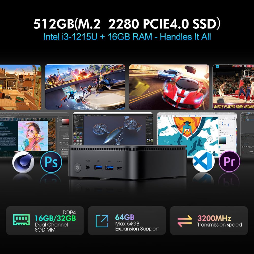 Blackview MP100 Pro Mini PC, Intel i3-1215U (hasta 4.4GHz), DDR4 16GB (hasta 64GB) RAM 512GB (hasta 2TB) PCIE 4.0 SSD M.2, Triple Pantalla 4K, WiFi 6, Bluetooth 5.2, Windows 11 Pro, 3 años garantía