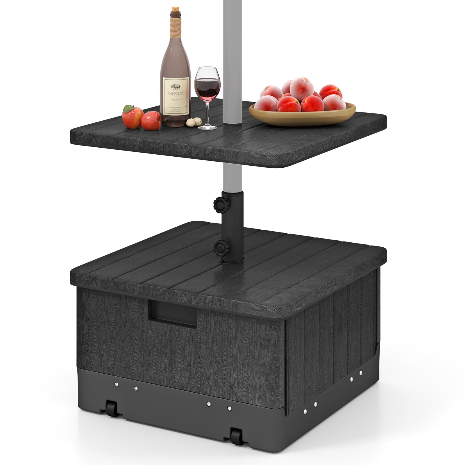 GOPLUS Base De Sombrilla Móvil Rellenable De Alta Resistencia, Soporte Para Sombrilla Con Ruedas Y Asa, Bandeja De Mesa, 2 Perillas Ajustables, Para Poste De Diámetro. 38mm/48mm (Negro)