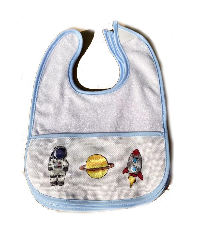 Image of 7pcs Blue Edged Series Cotton Cross Stitch Baby Bib,16 count aida fabric pocket,100% cotton, Blank Bib to Cross Stitch