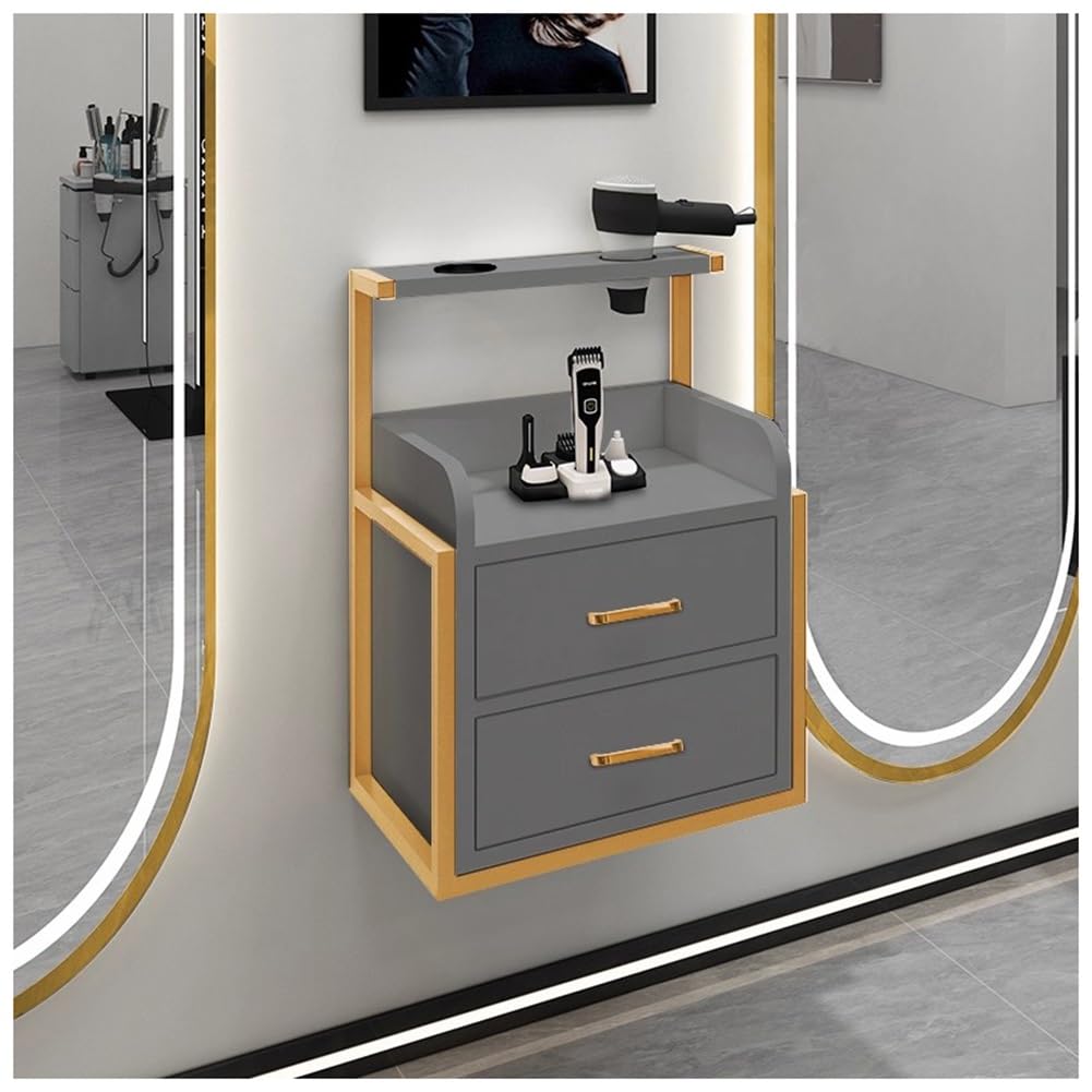 Stylingstation zur Wandmontage, mit 2 Schubladen, Haartrocknerhalter und schwimmender Aufbewahrung, moderne graue Möbel für professionelle Friseure und Salons
