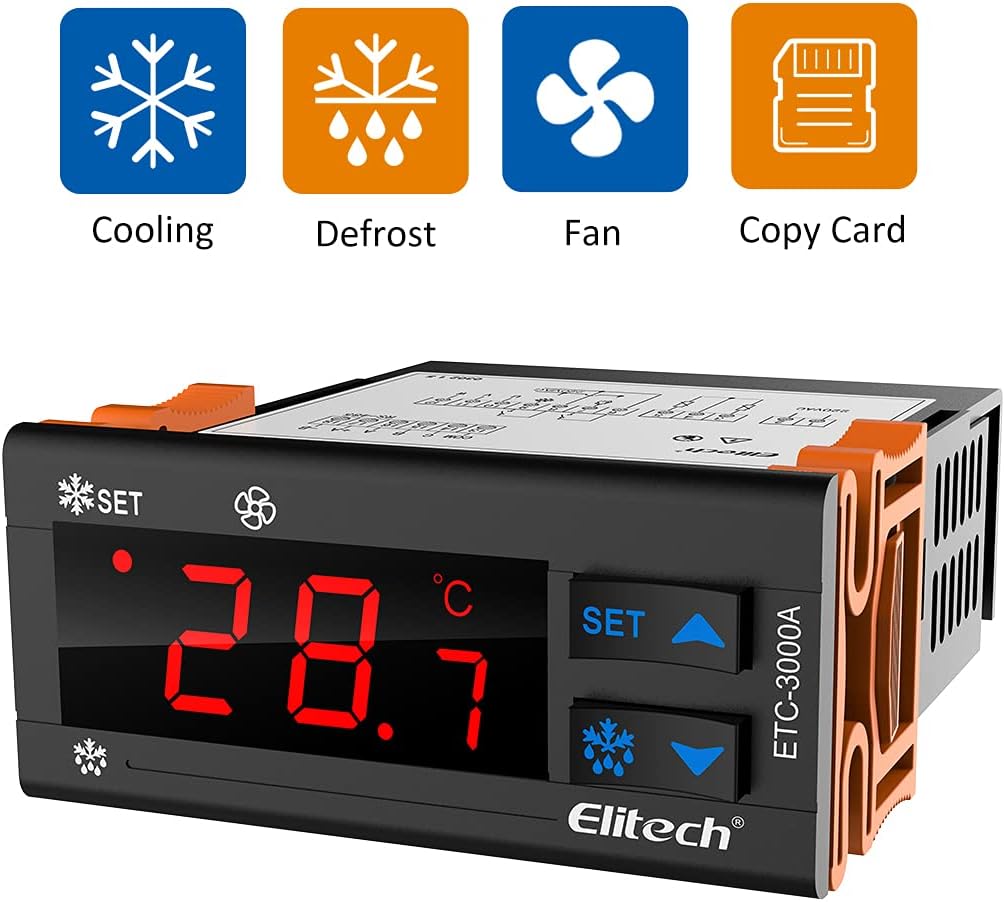 Icons representing Cooling (snowflake), Defrost (snowflake with drops), Fan (propeller), and Copy Card (SD card symbol).