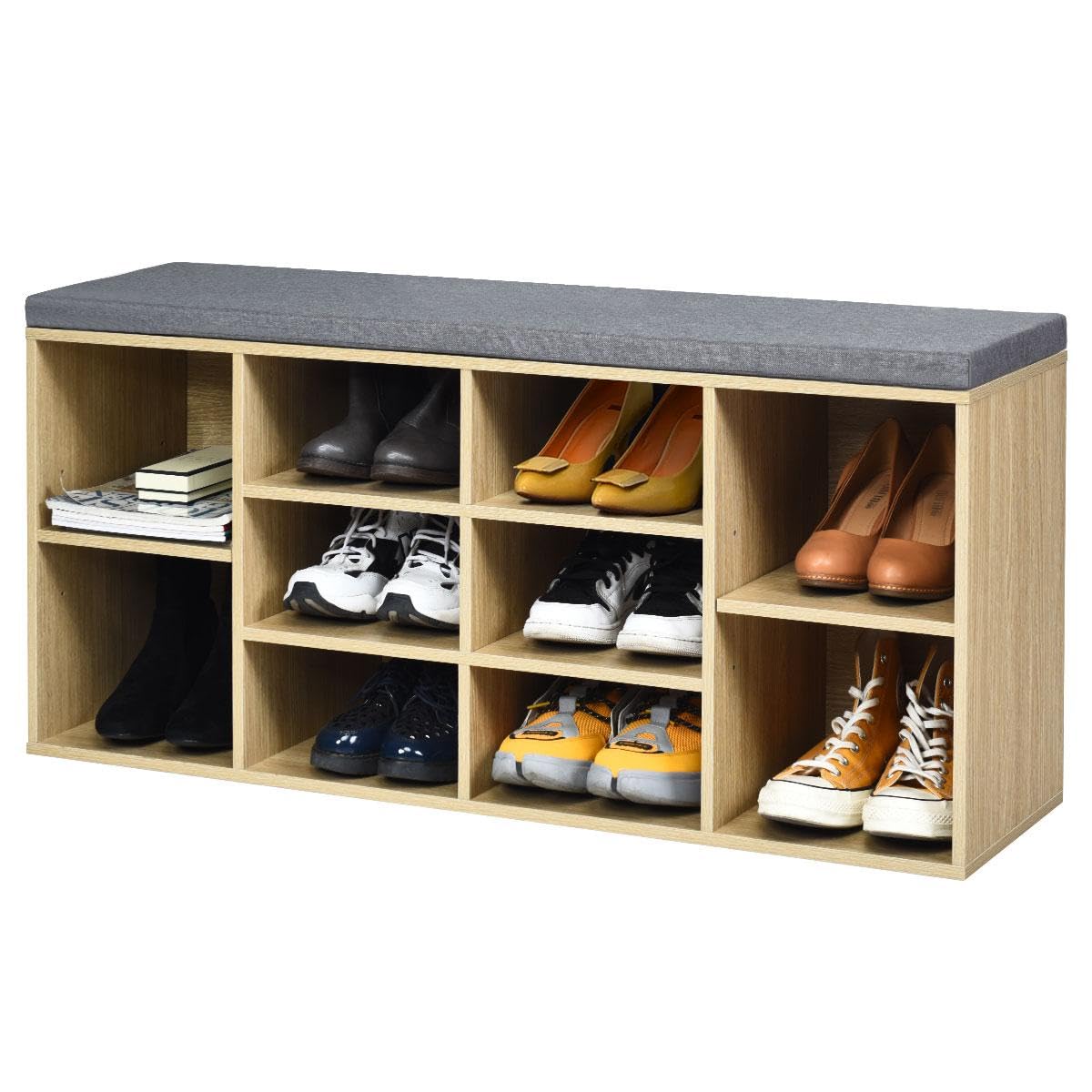 CASART Shoe Bench, 10 Compartments Shoes Rack Stand Stool with Cushion and Adjustable Shelf, Hallway Entryway Bedroom Cabinet Storage Organiser Unit, 104 x 30 x 48cm (Natural)