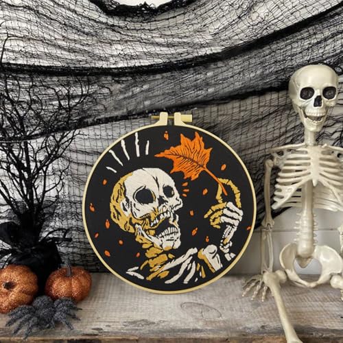 Image of Crafmanoe Halloween Gothic Embroidery Starter Kit for Beginners Adults, Skull Skeleton Stamped Cross Stitch Kits for Beginners Adults, Funny Fall Hand Embroidery Needlepoint Kits with Video Tutorial