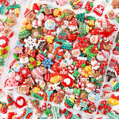 Vellibring 120PCS Christmas Cute Resin Flatback Slime Charms60 Styles Bulk Christmas Cartoon Making Kit Decorations for Holiday DIY Craft Phone Cases Nails Scrapbooking