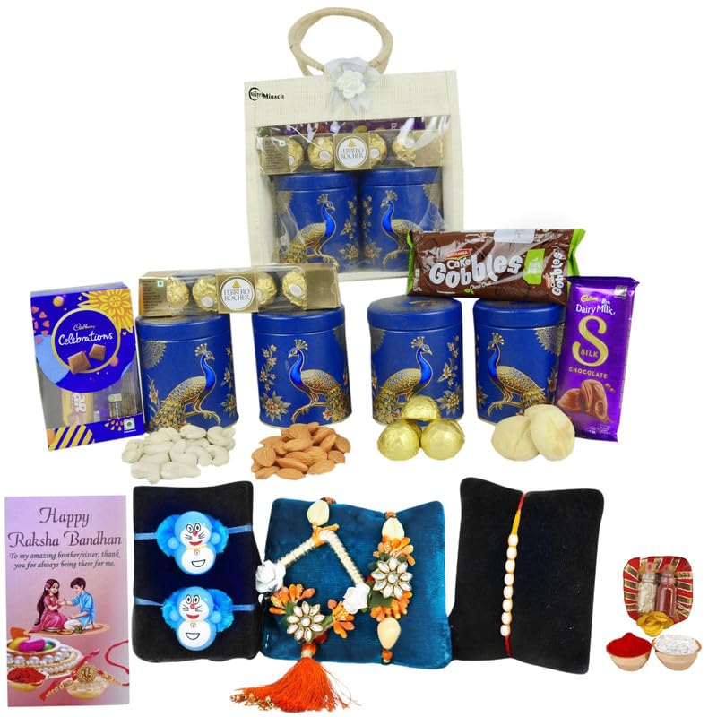Image of NUTRI MIRACLE Rakhi Combo with Decorative Dry Fruits Jar, Chocolates, Traditional Tilak Kit and Greeting Card for Bhai Dooj Celebration