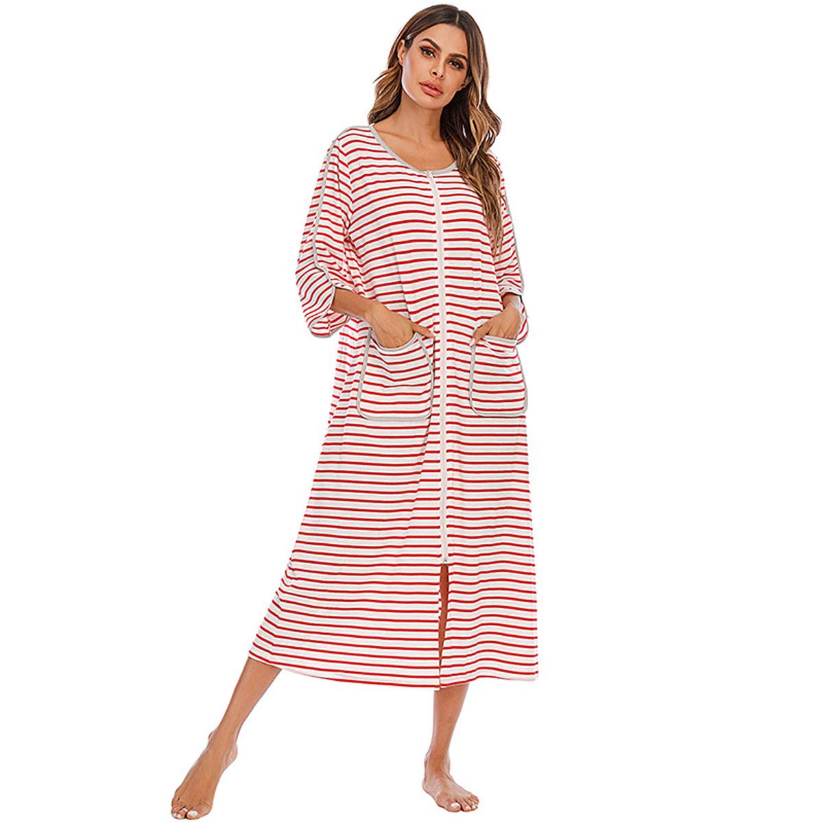 Verve Jelly Zipper Striped Loungewear Long Nightgown Women's Ultra-Soft Nightshirt Full-Length with Pocket Red