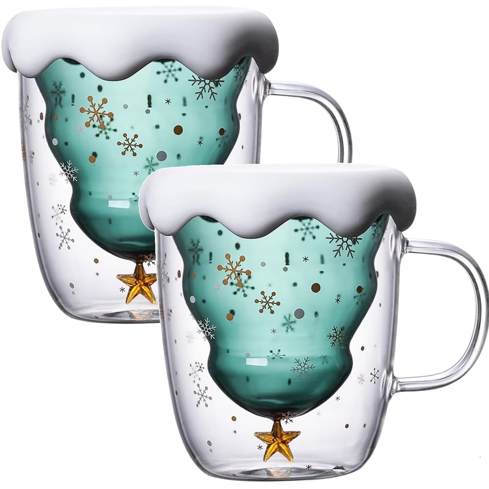 CTRLZS Christmas Mugs 2 Pack, Double Walled Borosilicate Christmas Mug Set with Snowflake Lid, 300ML Cute Mugs for Coffee
