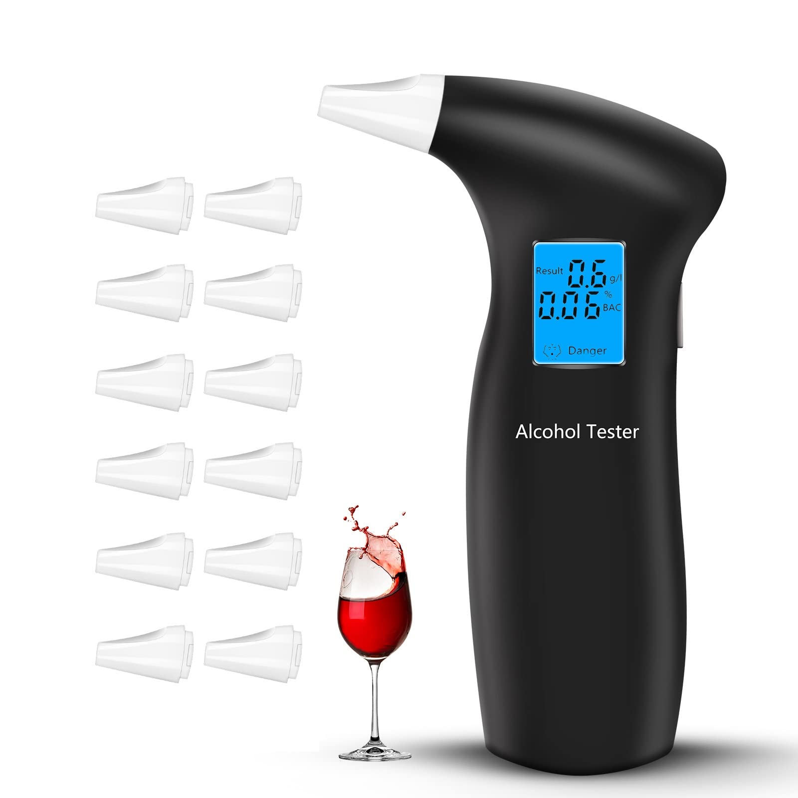 RUTIDA Breathalyzers, Breath Tester with 12 Mouthpieces, Professional Alcohol Breath Tester Portable Breathalysers with LCD Display Digital Fast, High Accuracy Alcohol Detector