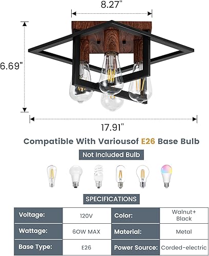 Miniatura 6 de Lámpara de techo semiempotrada, lámpara de techo industrial de 4 luces con marco negro y detalle de grano de madera, iluminación de granja cerca del