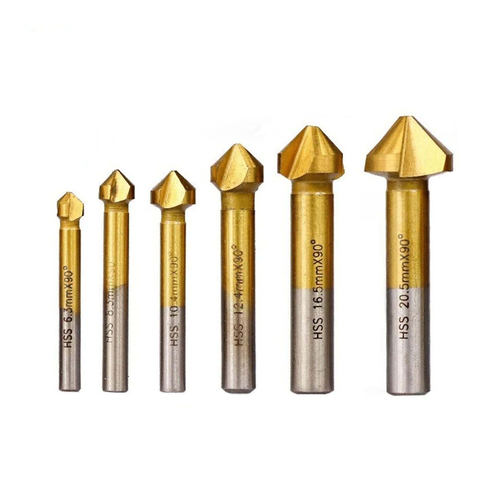 FCARUMIQP Countersink Drill Bits 6 Pcs 90 Degree 3 Flute Chamfer Bit HSS Chamfering End Mill Charmfer Cutter Single-End Tool Deburring Set