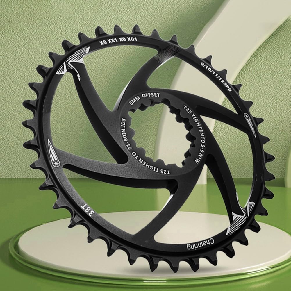 Accarugty Single Chainring Direct Mount 6mm Offset, For GXP CNC Aluminum Alloy Narrow Wide Mountain Bike Crankset Black 30T to 40T Teeth(34T)