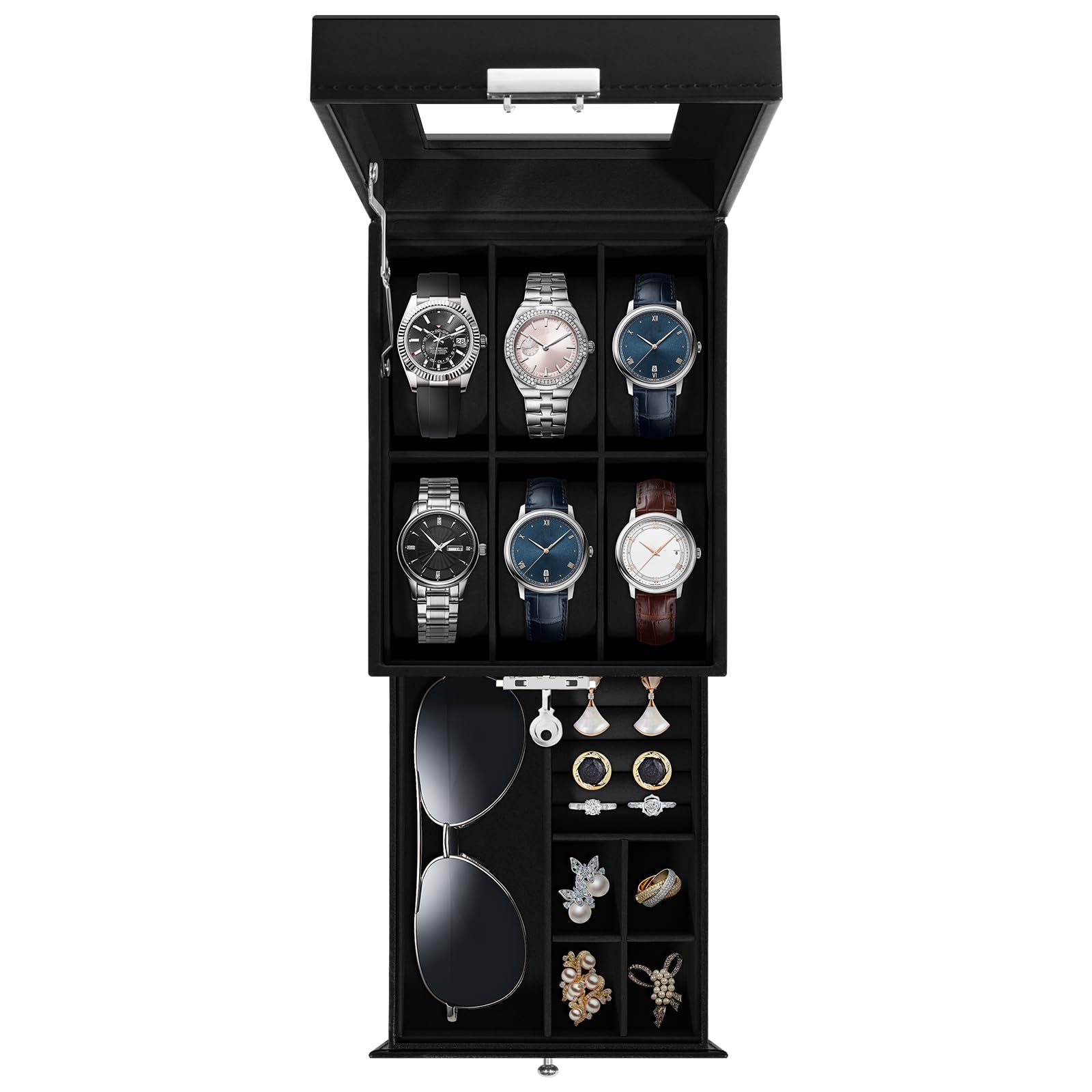 Uten Watch Box 6 Slots, 2-Tier Watch Case with Key Lock, Glass Lid
