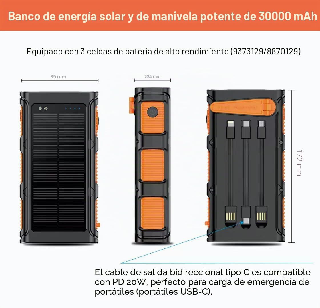 Banco de energía Solar 30000 mAh, Carga Rápida Batería Externa Inalámbrica con 3 Cables de Carga Integrados para Teléfono Tabletas
