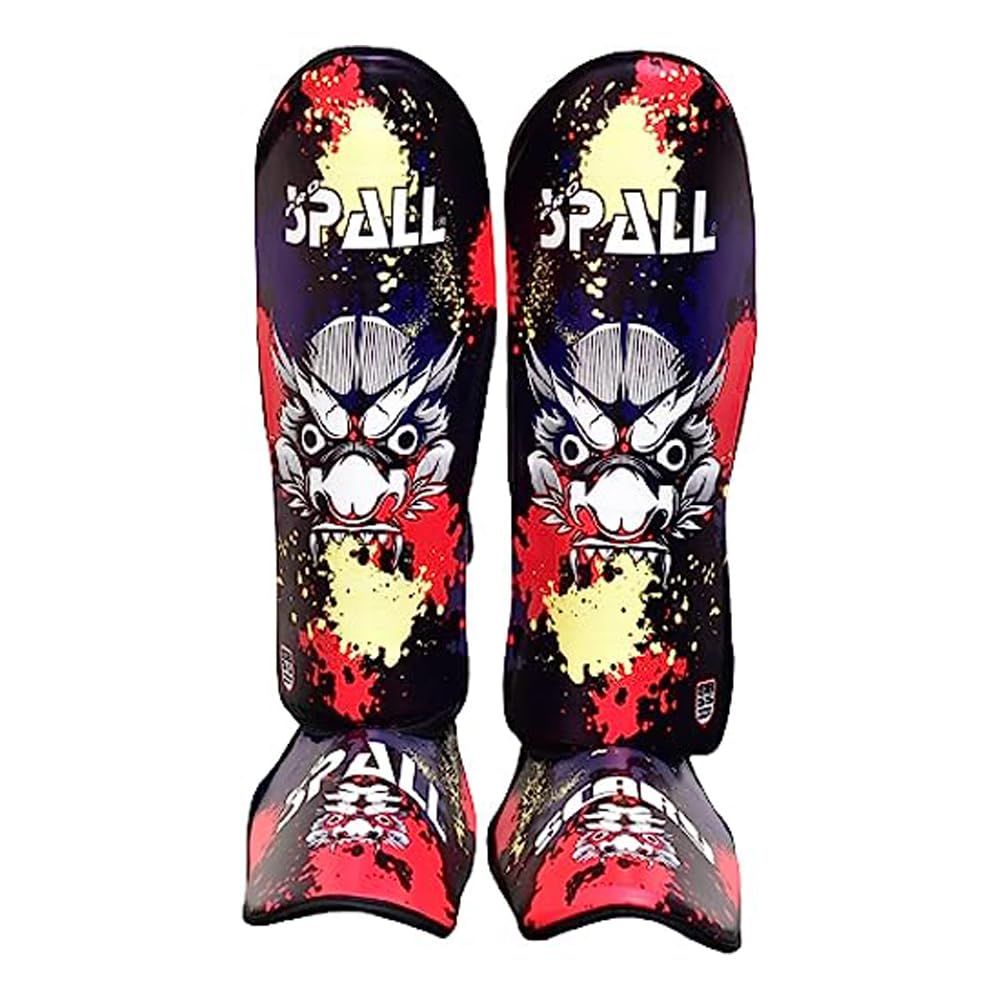 Spall Pro US Muay Thai Shin Guards for Kickboxing Martial Arts BJJ Boxing Equipment MMA Training and Sparring Leg Guard with Instep Protection Pads Scary (Blue, XS)