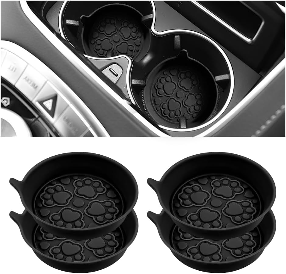 Car Cup Holder Coaster, 4PCS Cat Paw Sift-Proof Shockproof Silicone Waterproof Vehicle Drink Insert Mat, Recessed Auto Water Bottle Pad, Universal Fit (Black)