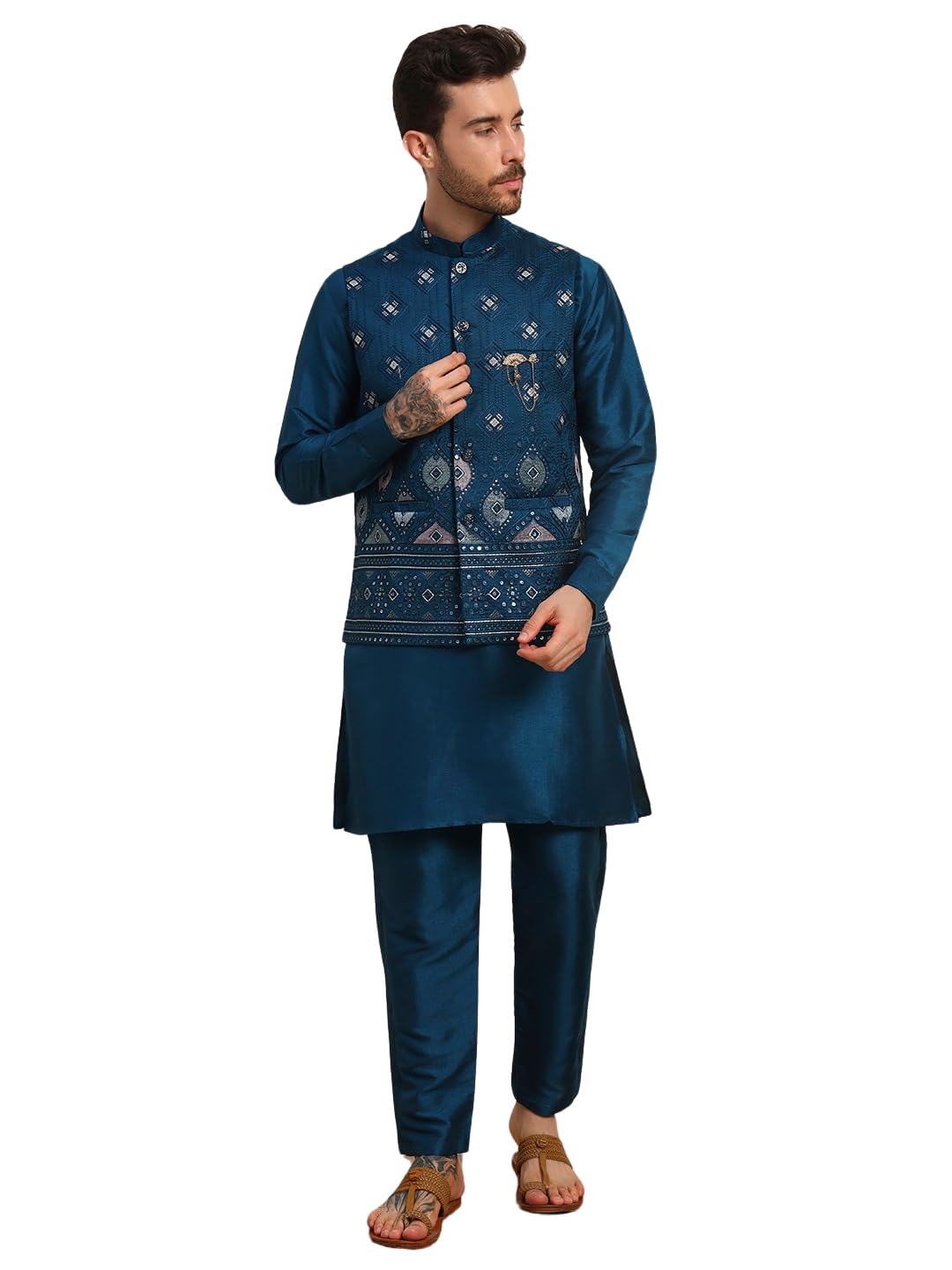 Photo 1 of Pro-Ethic Style Developer Mens Heavy Cotton Silk Sequence Kurta Trouser Set With Waistcoat (Nehru Jacket) (C-118) Navy blue Small