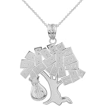Sterling Silver USD Dollar Money Bag Treasure Tree Pendant Necklace, 18"