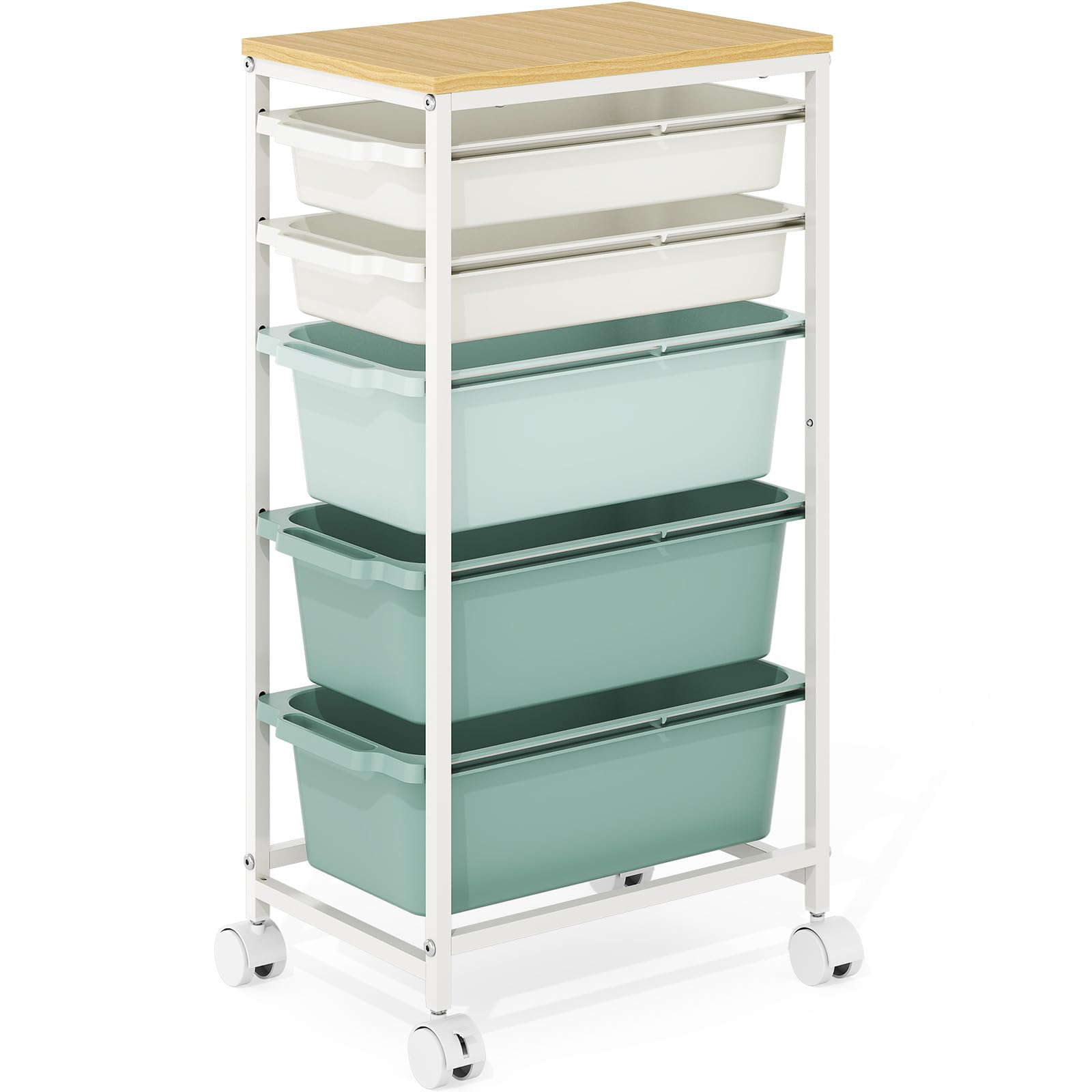 KINGBOARD 5 Drawers Storage Trolley on Wheels, Plastic Drawers Storage Unit for Craft Storage & Under Desk Storage, Rolling Utility Cart Organizer for Bedroom, Office, Green
