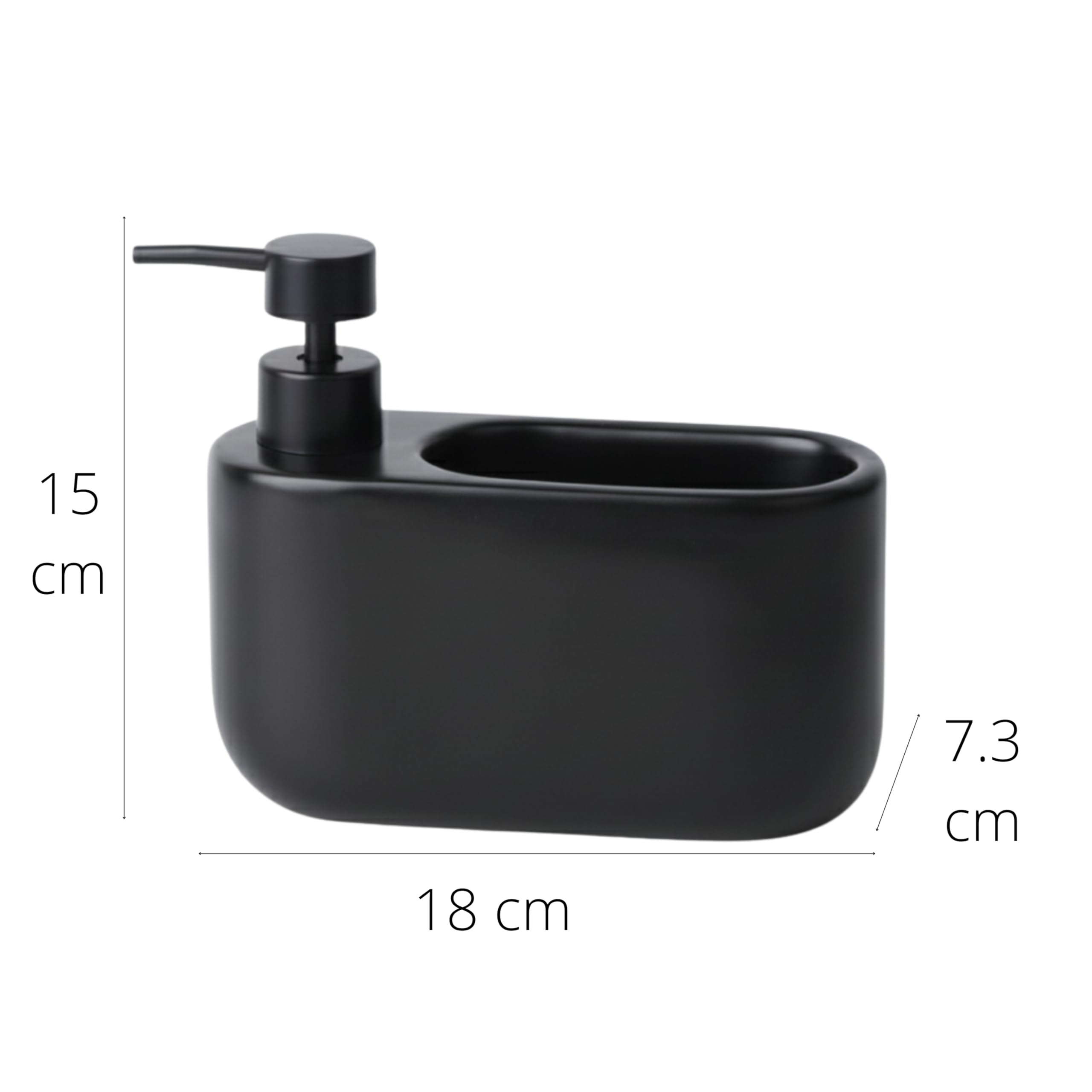 Dispensador de Jabón Cocina con Estropajero 520 ml Curve - Dosificador de Cerámica y Soporte para Esponja. Organizador de Fregadero Estrecho. 18 x 7.3 x 15 cm. - Negro Mate - 2